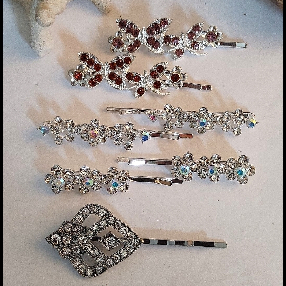 7 Silver Crystal Hair Pins - Picture 1 of 5